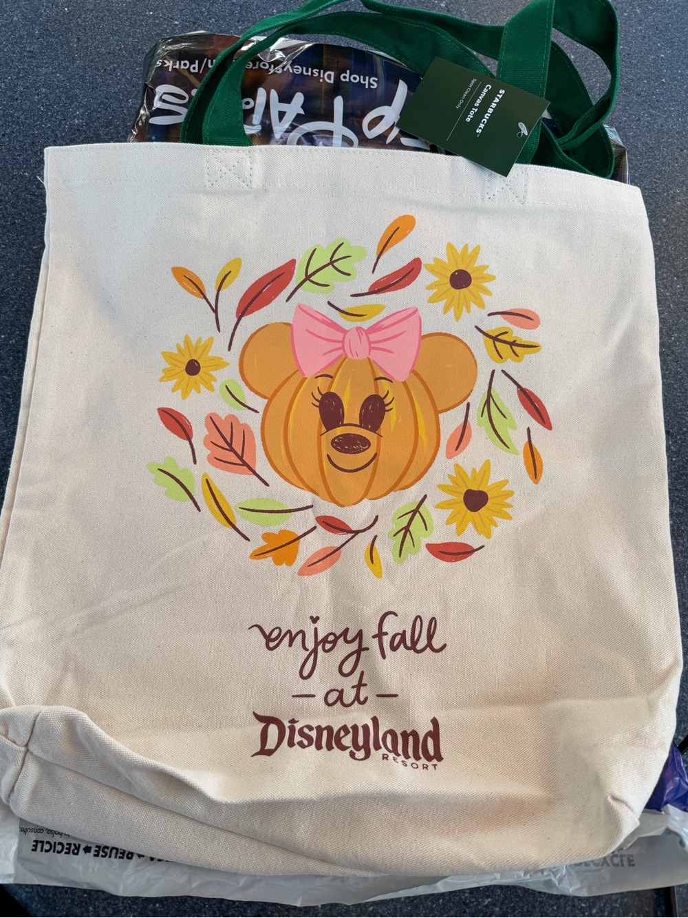 Starbucks Cream Canvas Tote with Orange Pumpkin Minnie Design and Green Handles